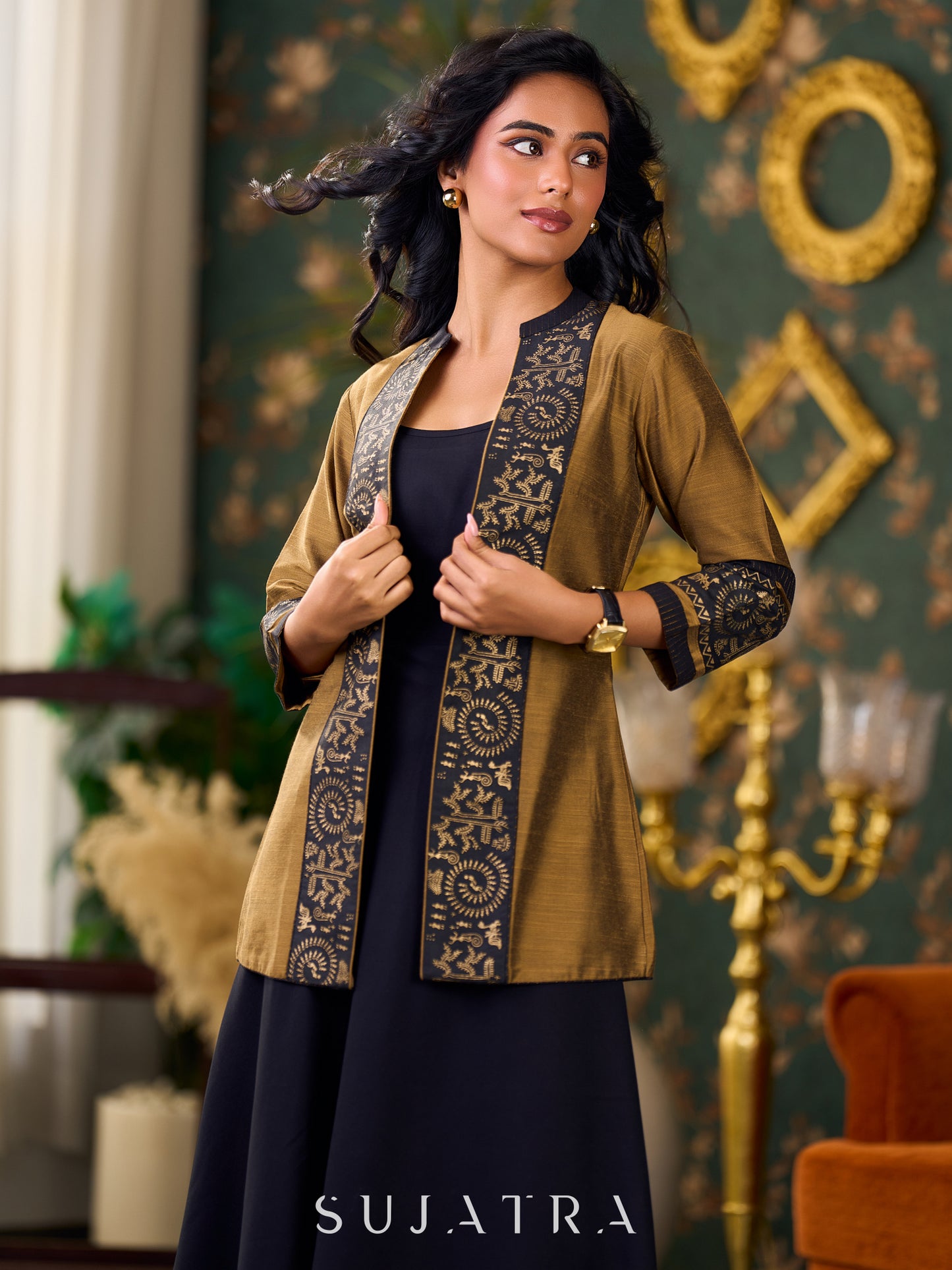 Exquisite Gold Silk Jacket with Black Shimmer-Striped Collar and Warli Printed Accents on Open Front and Cuffs - Dress optional