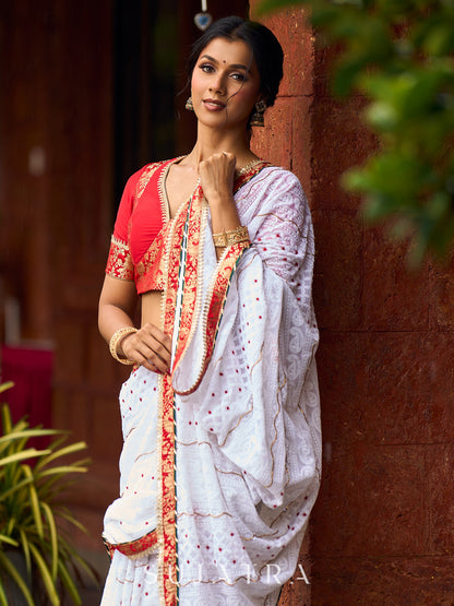 Refined White Georgette Chikankari Saree with Red-Gold Benarasi Border & Hand Embroidered Pallu