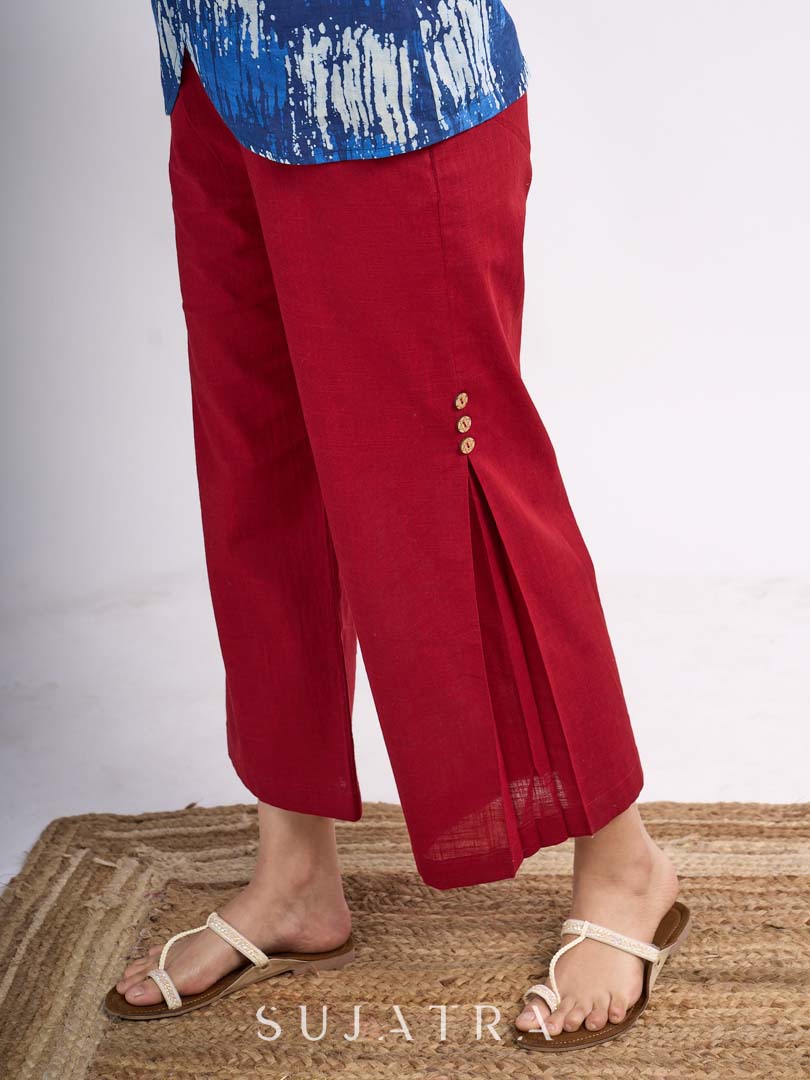 Maroon Cotton Side Pleat Parallel Pants