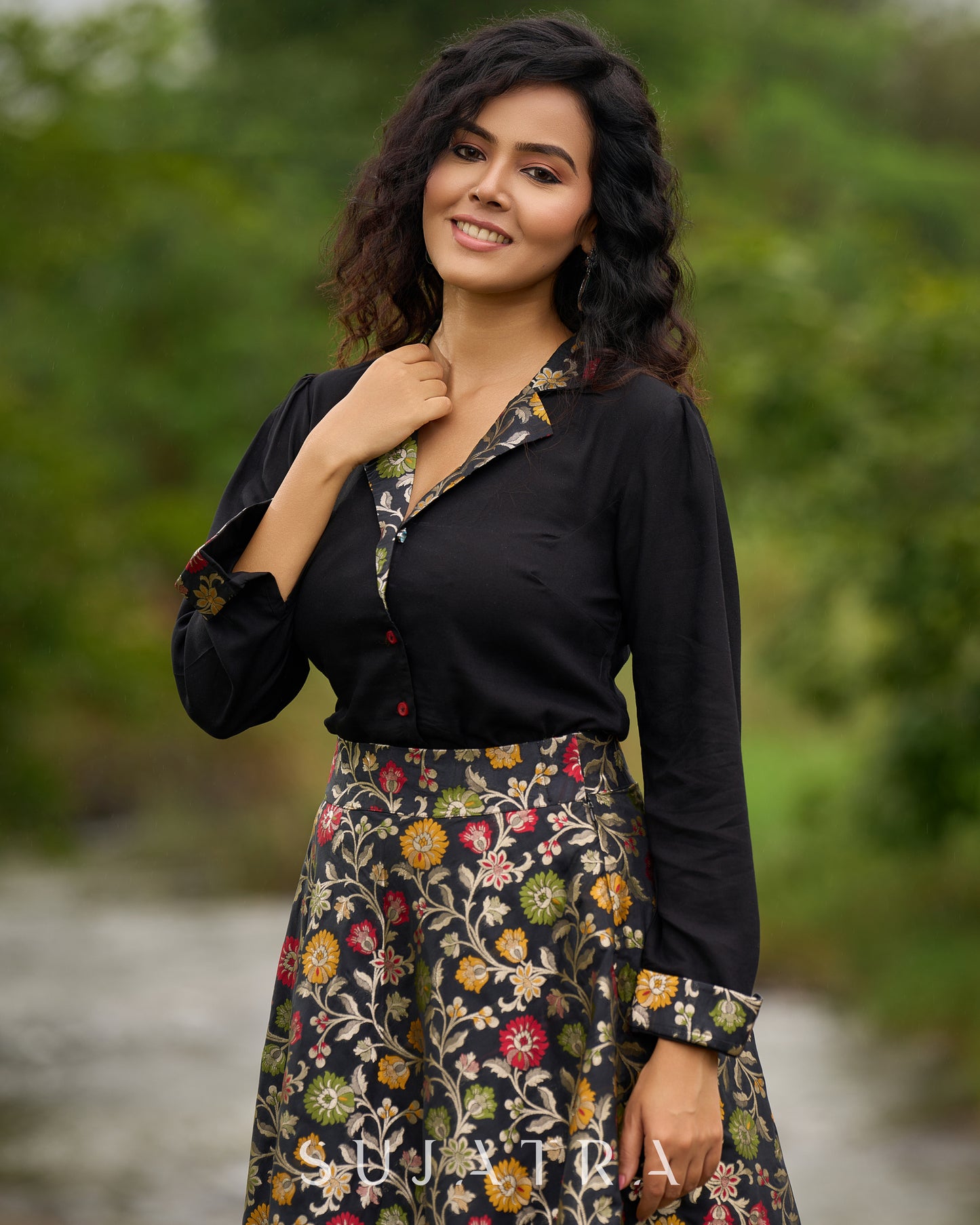 Flared Multicolor Brocade Skirt - Additional Black Rayon Shirt