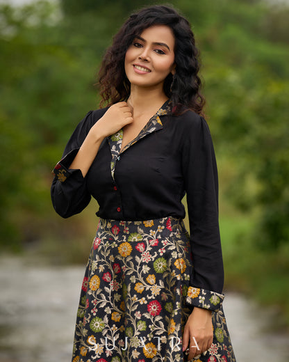 Flared Multicolor Brocade Skirt - Additional Black Rayon Shirt