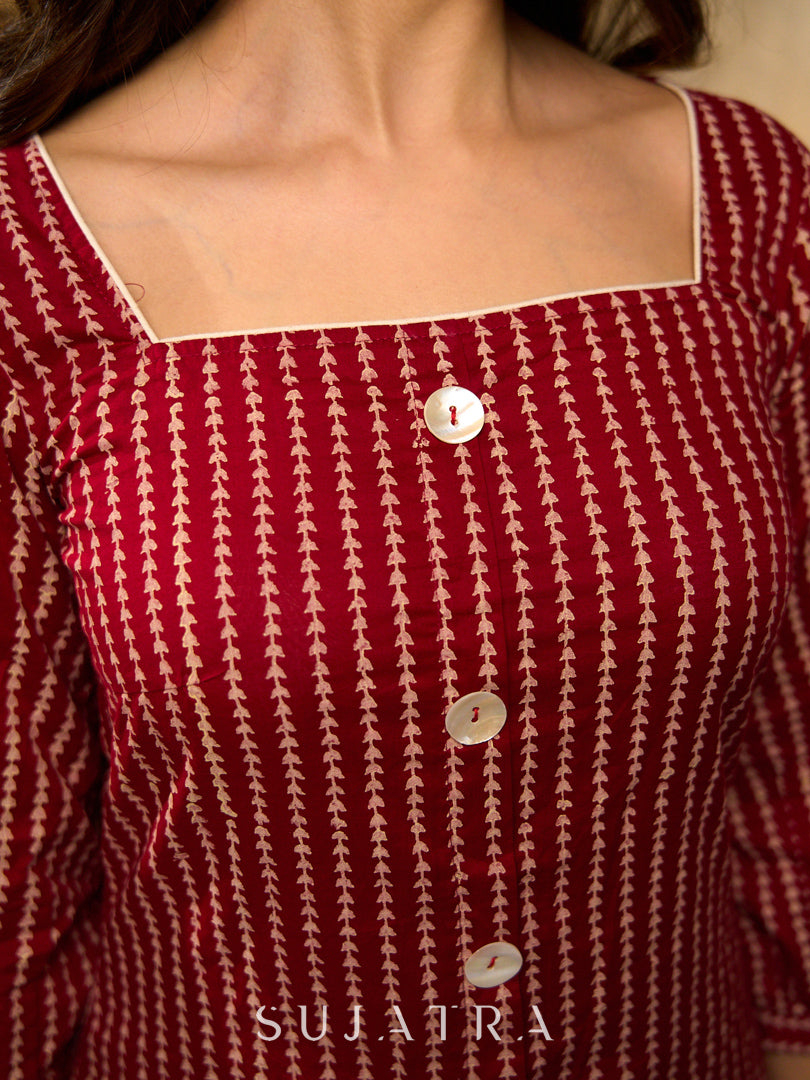 Timeless Maroon Hand Block Printed Mul Cotton Dress with Statement Floral Hem