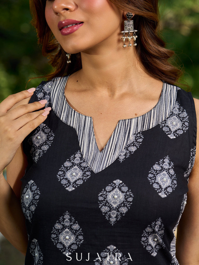 Black viscose sleeveless short kurta elevated with artistic stripe–floral patterns