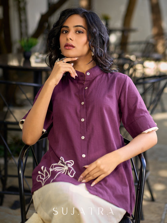 Purple Cotton Shirt Accented with Artful Hand-Painted Motif