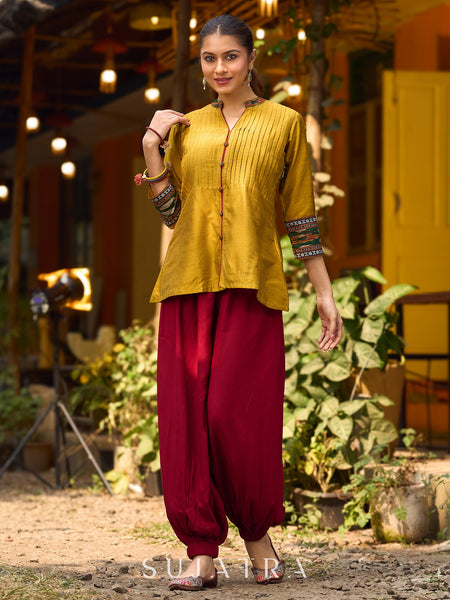Mustard Cotton Silk Top With Pleated Yoke And Contrasting Ikat Detailing On Sleeves And Collar