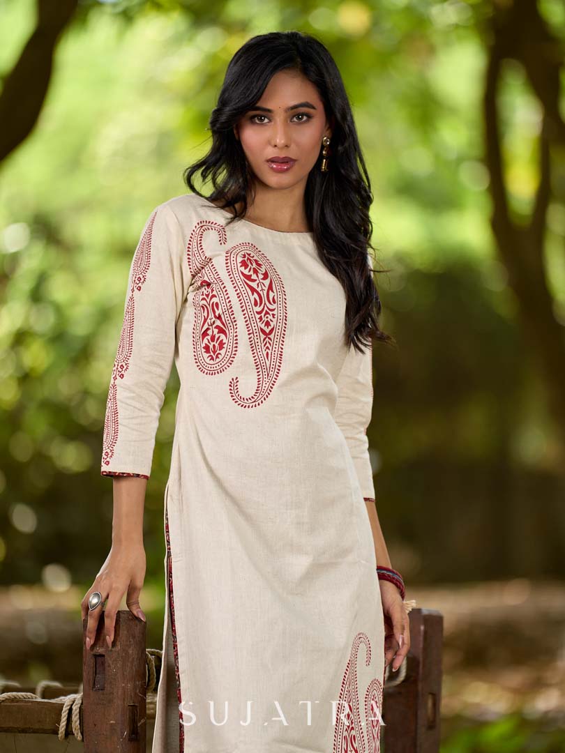 Classic Ivory Cotton Kurta with Traditional Paisley Hand Block Motifs