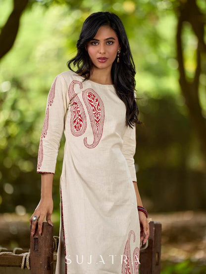 Classic Ivory Cotton Kurta with Traditional Paisley Hand Block Motifs