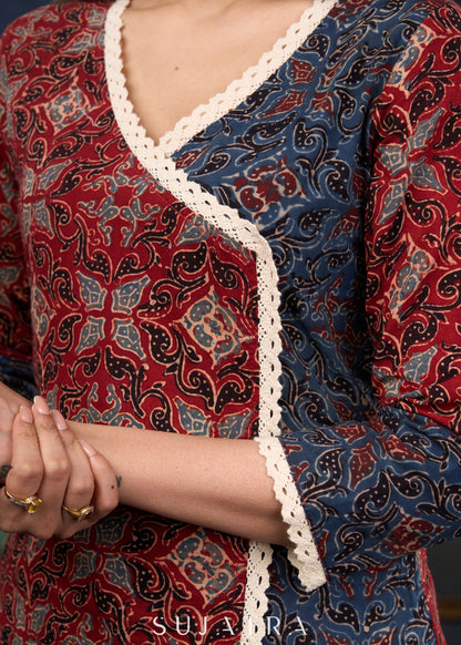 Beautiful Ajrakh Combination Tunic With Lace Highlights In Modern Silhouette, -Pant Optional