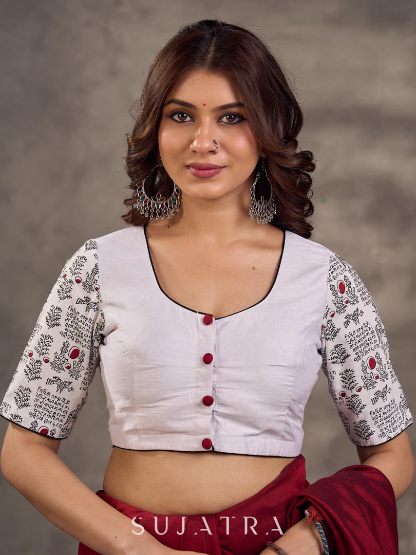 White Cotton Silk Blouse with Printed Sleeve & Red Button Front