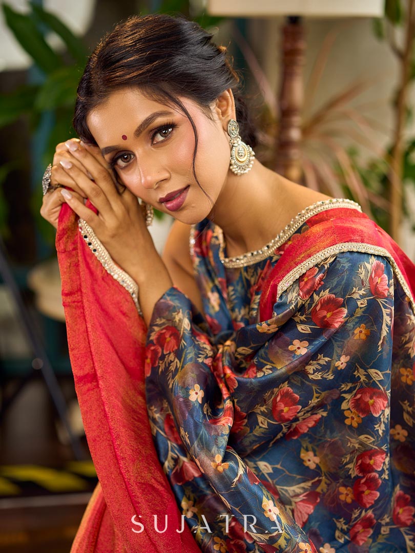 Classic Navy Saree Featuring Digital Rose Floral Print & Vibrant Red Tissue Contrast Border & Gold Trim