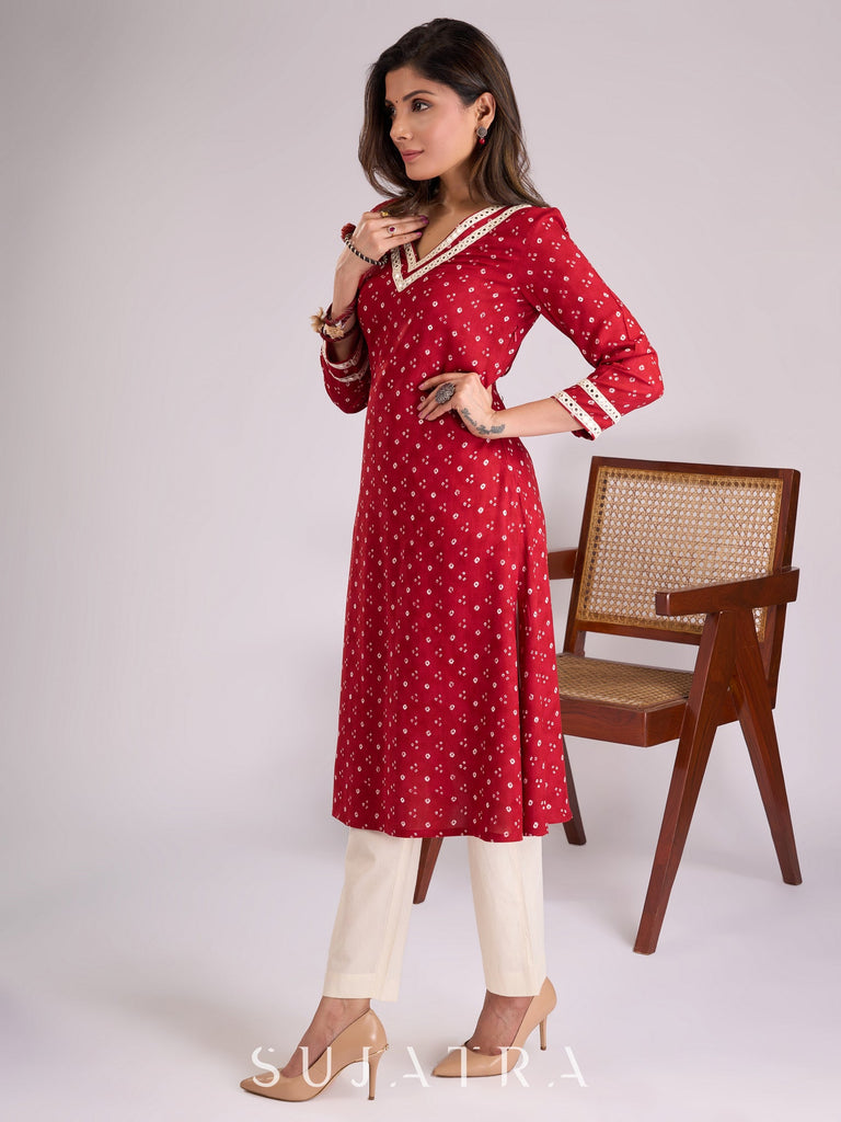Radiant Red Bandhani Viscose Kurta with Mirror Adorned Neckline & Sleeves