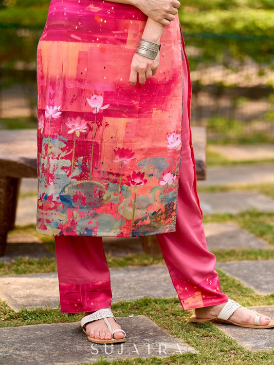 Graceful soft pink rayon pants adorned with subtle abstract printed detailing