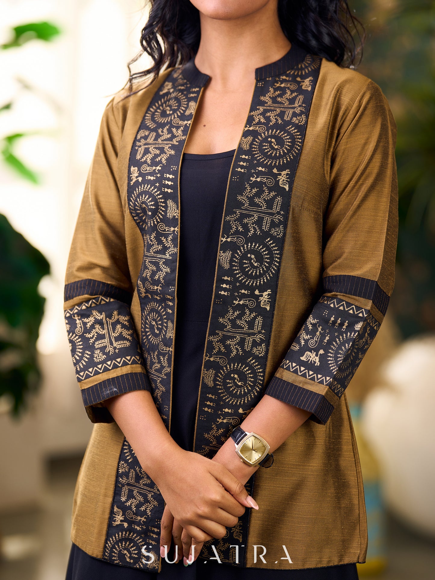 Exquisite Gold Silk Jacket with Black Shimmer-Striped Collar and Warli Printed Accents on Open Front and Cuffs - Dress optional