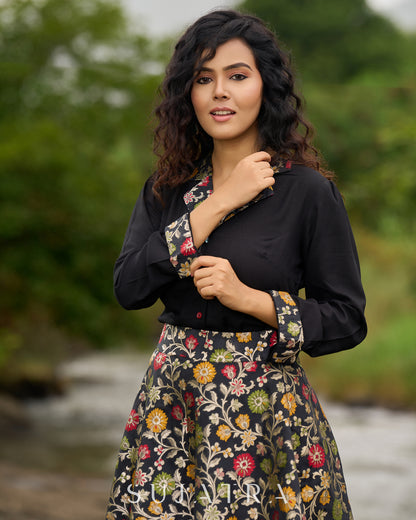 Flared Multicolor Brocade Skirt - Additional Black Rayon Shirt