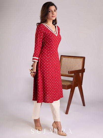 Radiant Red Bandhani Viscose Kurta with Mirror Adorned Neckline & Sleeves
