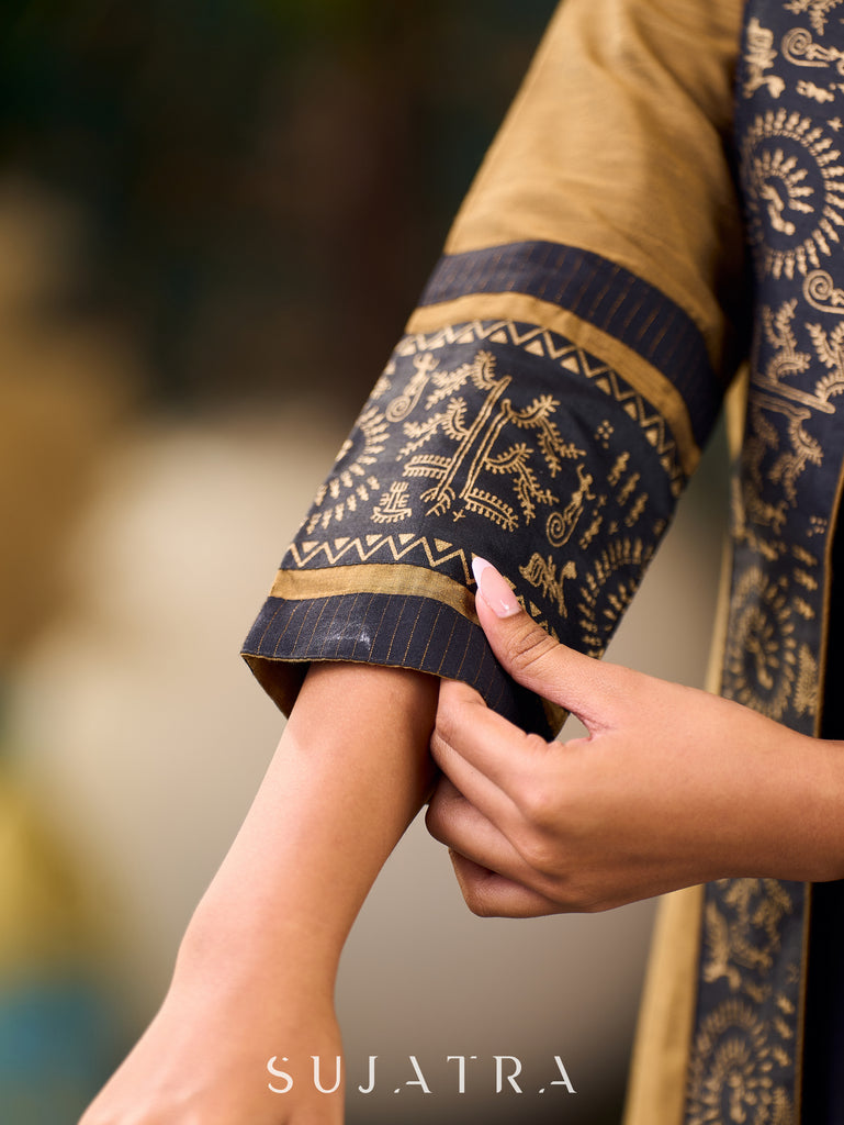 Exquisite Gold Silk Jacket with Black Shimmer-Striped Collar and Warli Printed Accents on Open Front and Cuffs