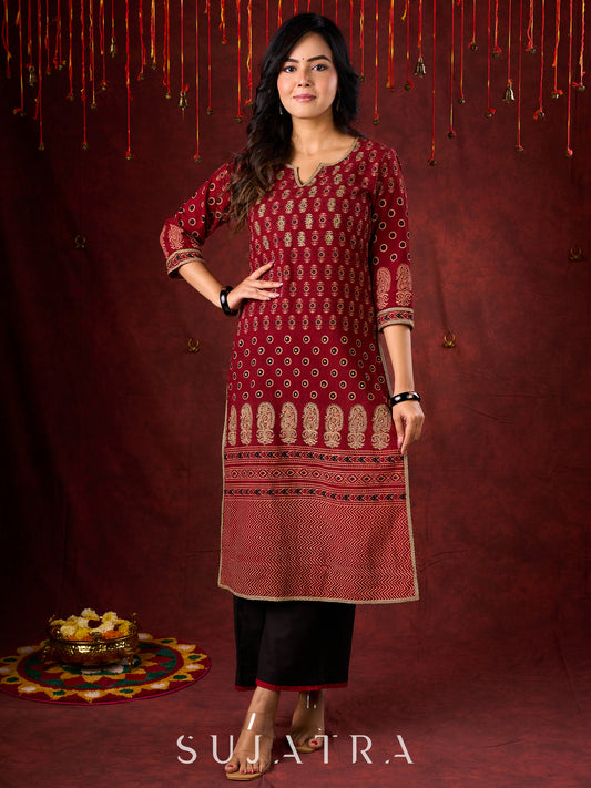 Classic Maroon Ajrakh Cotton Kurta with Minimalist Embroidery