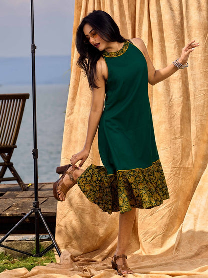 Classic Emerald Flared Rayon Dress With Ajrakh Highlights
