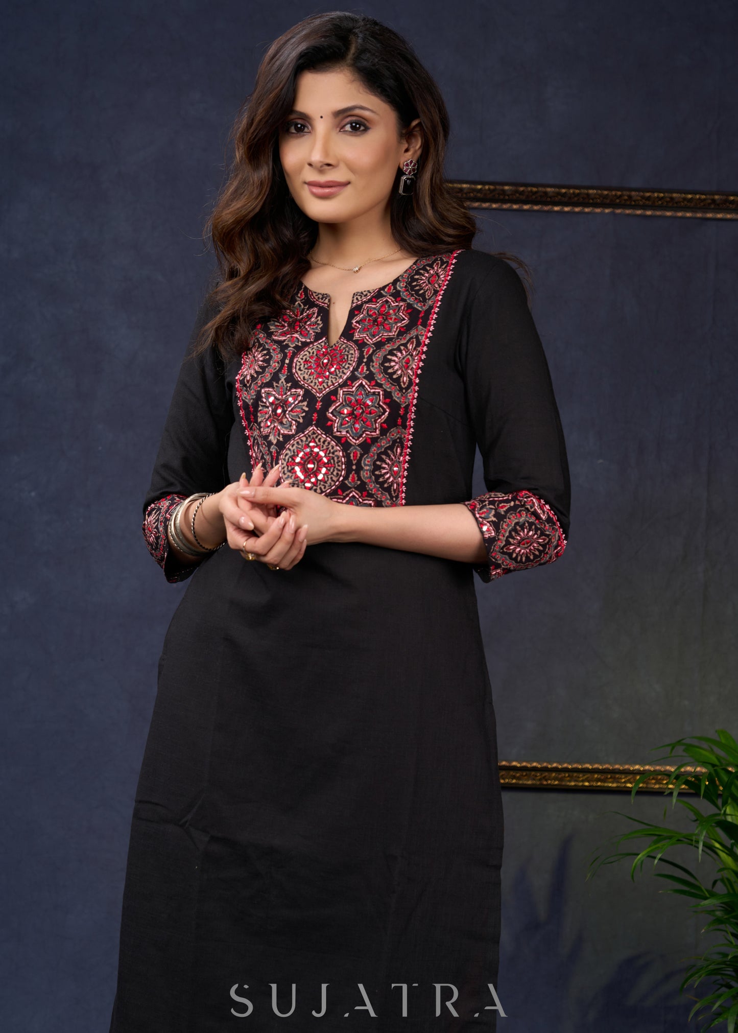 Elegant-Black-Cotton-Straight-Cut-Kurta-With-Beautiful-Embroidered-Ajrakh-Yoke-Pant-Optional