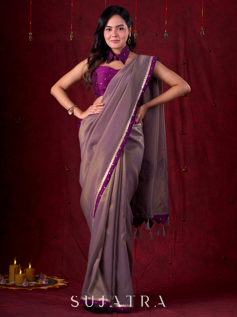 Purple Luxe Chanderi Silk Blouse with Sweetheart Neckline, Strappy Silhouette & Collar Neckpiece