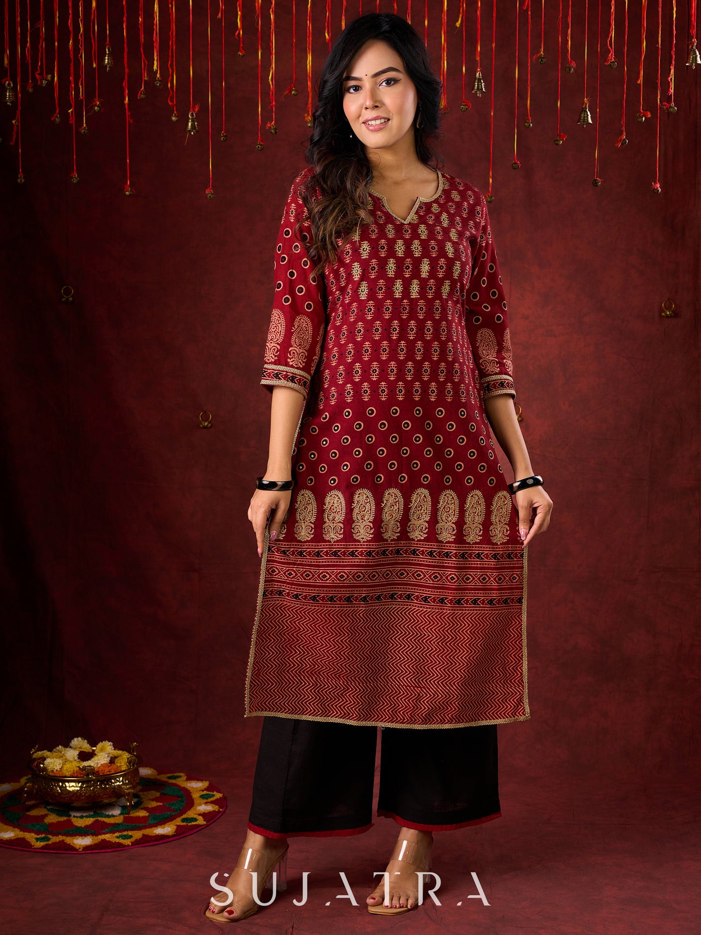 Classic Maroon Ajrakh Cotton Kurta with Minimalist Embroidery
