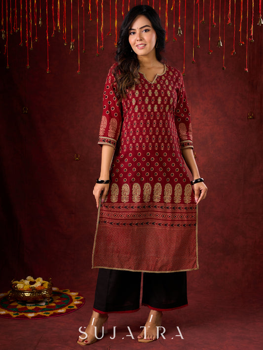 Classic Maroon Ajrakh Cotton Kurta with Minimalist Embroidery