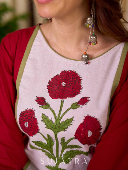 Crimson Cotton Straight Kurta with White Floral Panel and Olive Trim Detail