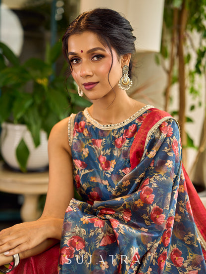 Flourishing Floral Printed Chanderi & Tissue Blouse with Beautiful Back Detailing