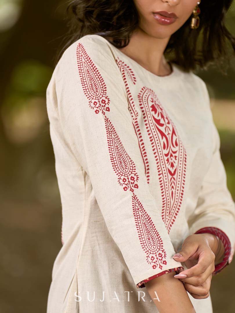 Classic Ivory Cotton Kurta with Traditional Paisley Hand Block Motifs
