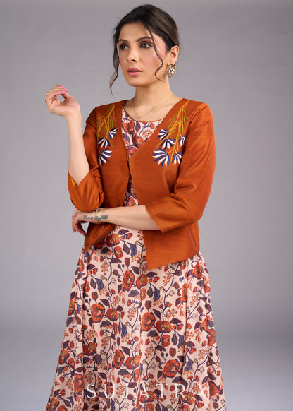 Rustic Radiance Embroidered Orange Cotton Silk Jacket - Dress optional