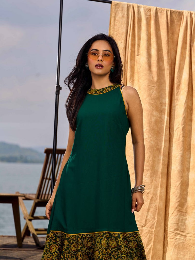 Classic Emerald Flared Rayon Dress With Ajrakh Highlights