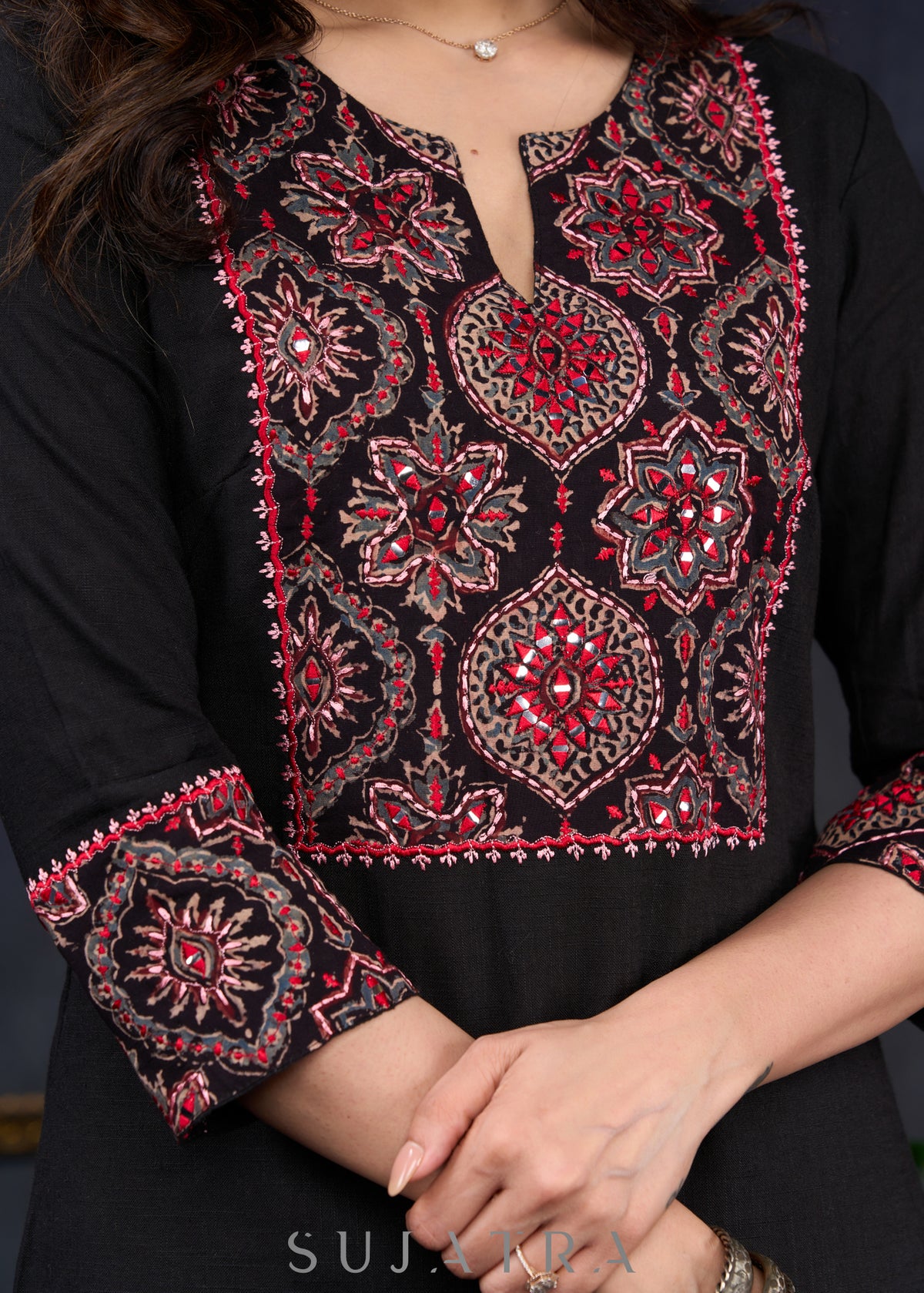 Elegant-Black-Cotton-Straight-Cut-Kurta-With-Beautiful-Embroidered-Ajrakh-Yoke-Pant-Optional