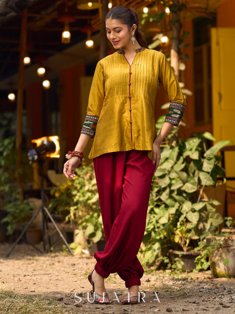 Mustard Cotton Silk Top With Pleated Yoke And Contrasting Ikat Detailing On Sleeves And Collar