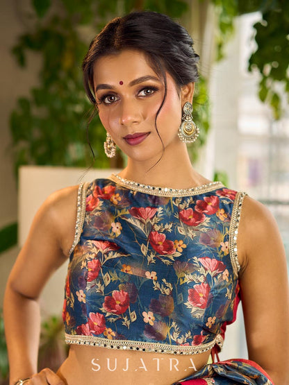 Flourishing Floral Printed Chanderi & Tissue Blouse with Beautiful Back Detailing