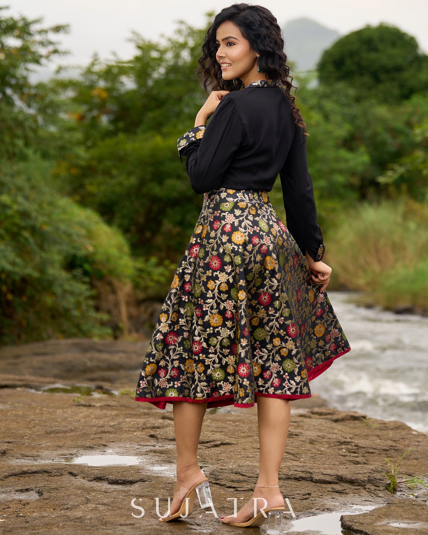 Flared Multicolor Brocade Skirt - Additional Black Rayon Shirt