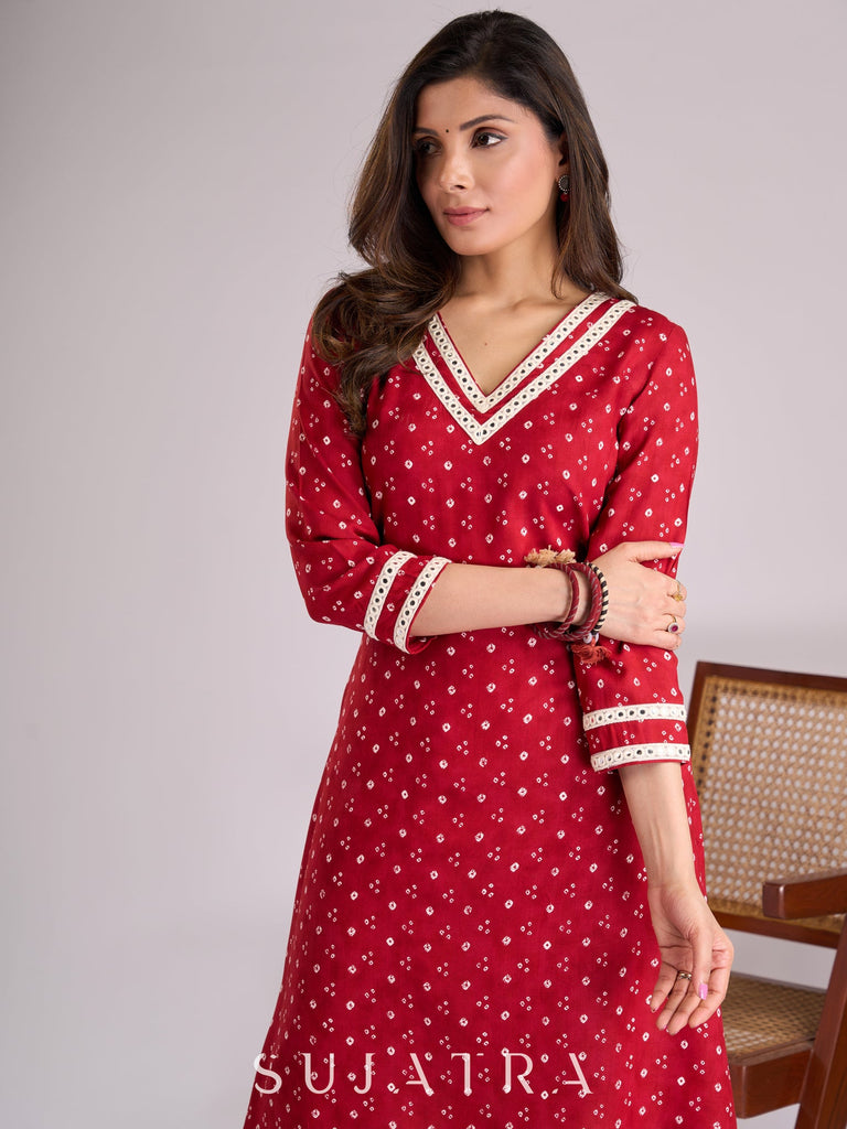 Radiant Red Bandhani Viscose Kurta with Mirror Adorned Neckline & Sleeves