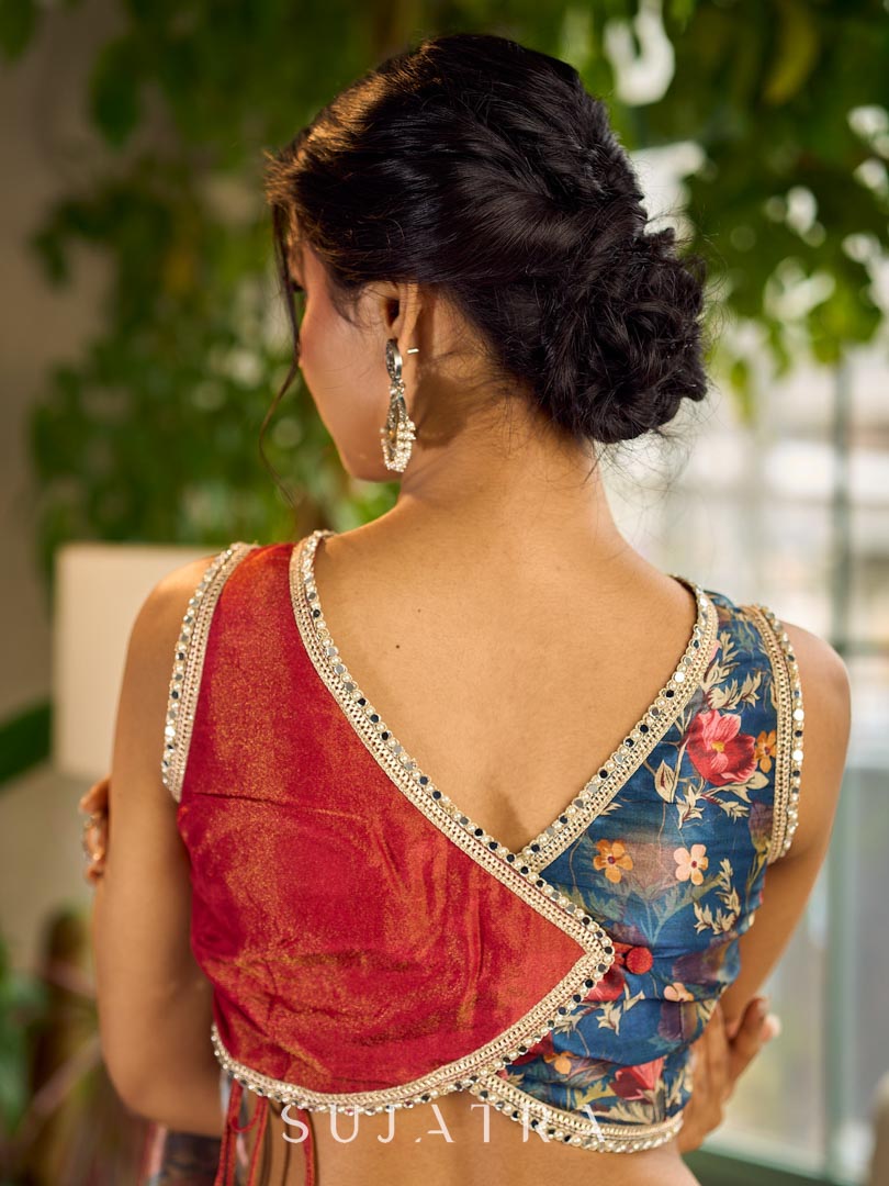 Classic Navy Saree Featuring Digital Rose Floral Print & Vibrant Red Tissue Contrast Border & Gold Trim