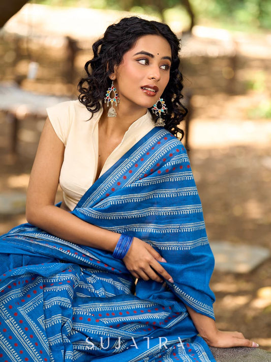 Classic Blue Cotton Saree with Traditional Hand Block Printed Border