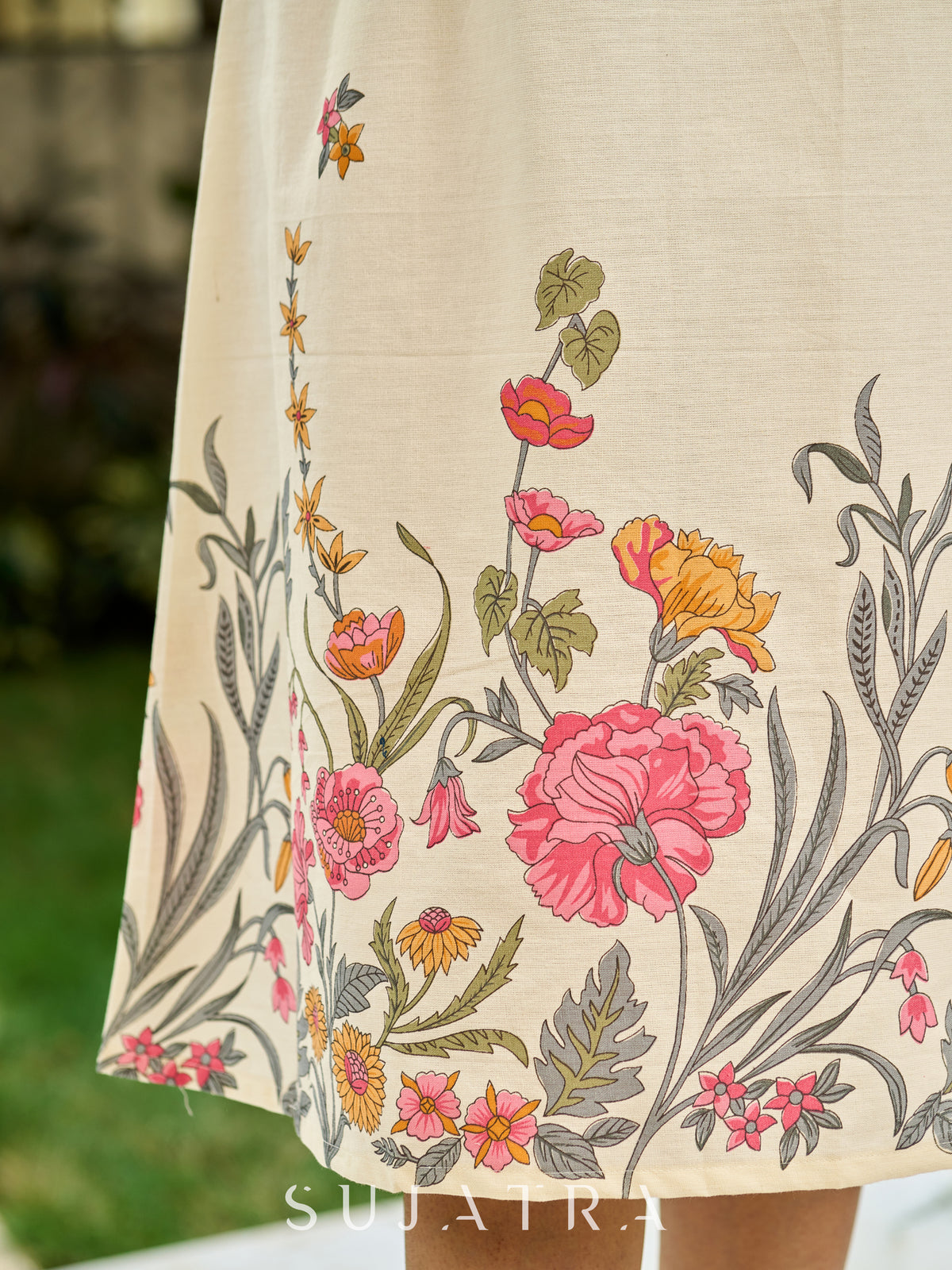 Dussehra Sale — Winsome White Sleeveless A-Line Dress in Cotton Flex with Contrast Pink Piping Accents