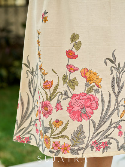 Dussehra Sale — Winsome White Sleeveless A-Line Dress in Cotton Flex with Contrast Pink Piping Accents
