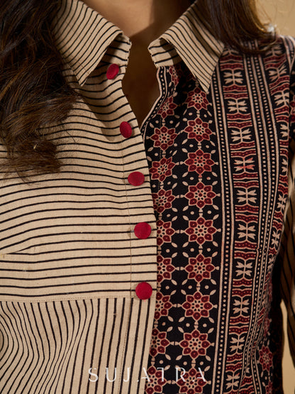 Charming Cream Ajrakh Kurta with Geometric Yoke & Cuffs