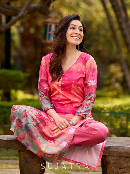 Graceful pink-shaded kurta featuring abstract Pichwai lotus–inspired motifs and a delicate neckline