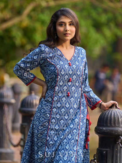 Indigo Printed A-Line Kurta with Waist-Defining Side Strings and Maroon Detailing
