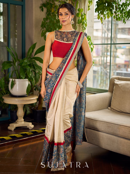 Flourishing Ivory Kalamkari Floral Chanderi Saree with Red Zari-Trimmed Hem & Chevron Border Accent
