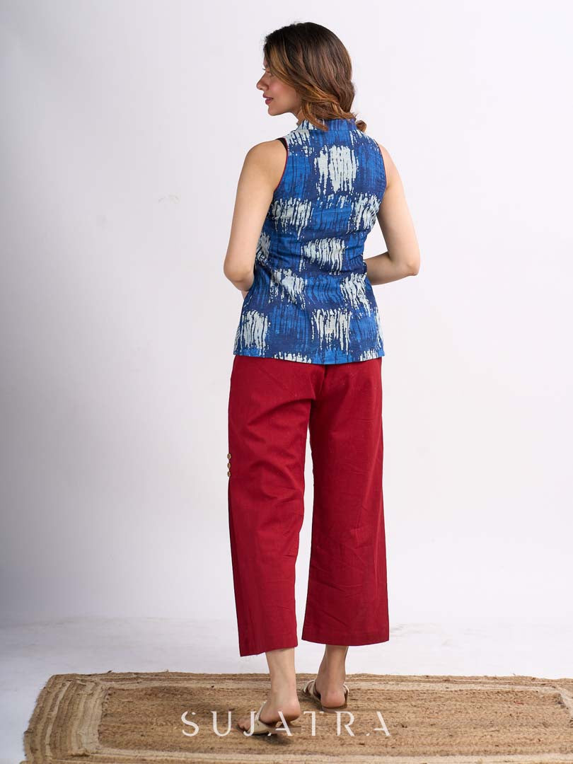 Indigo Cotton Indo Western Top with Tailored Waistcoat Finish