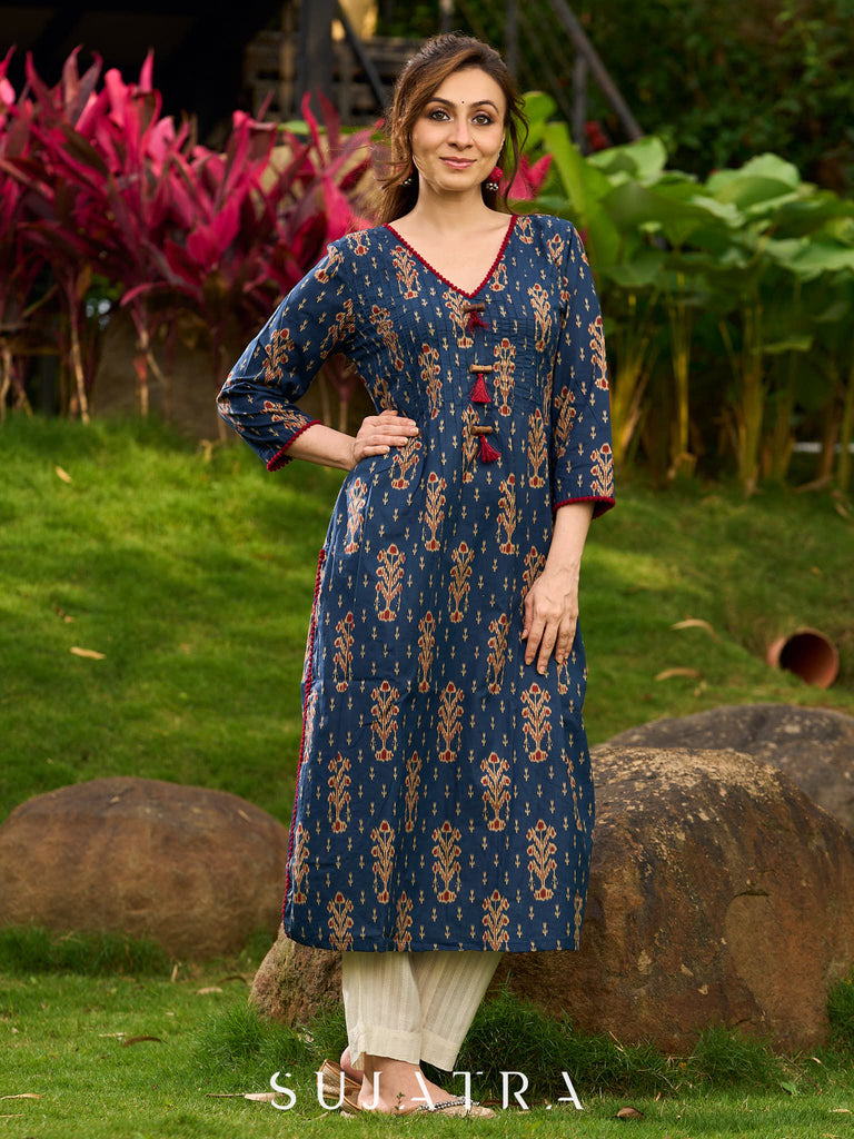 Contemporary Blue Ajrakh Print Kurta with Pleated Pintuck Detailing and Maroon Accents