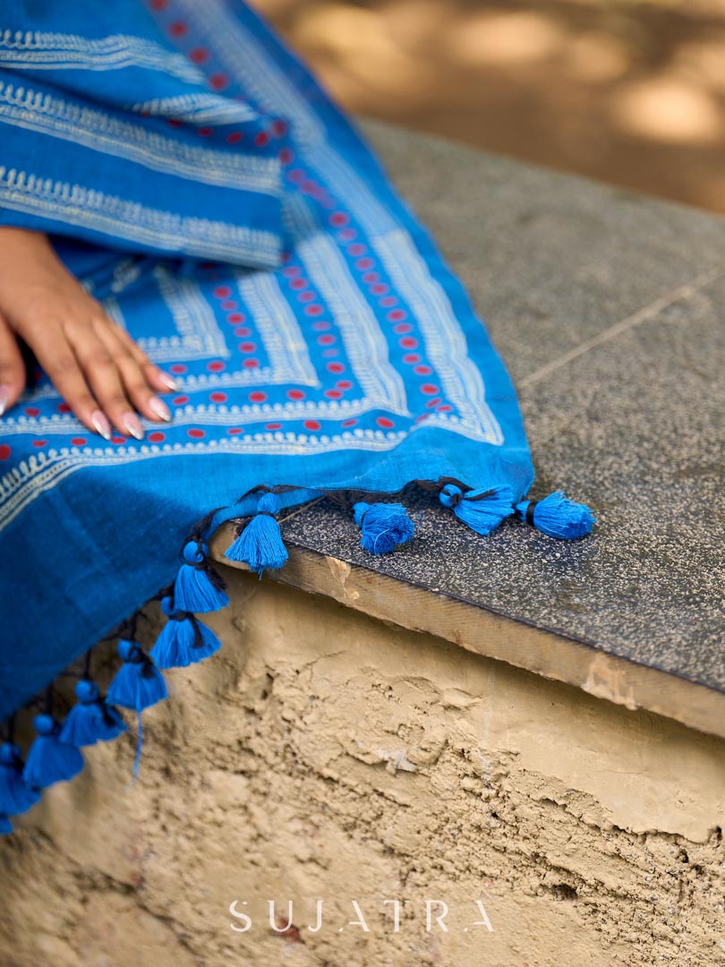 Classic Blue Cotton Saree with Traditional Hand Block Printed Border - Blouse Optional