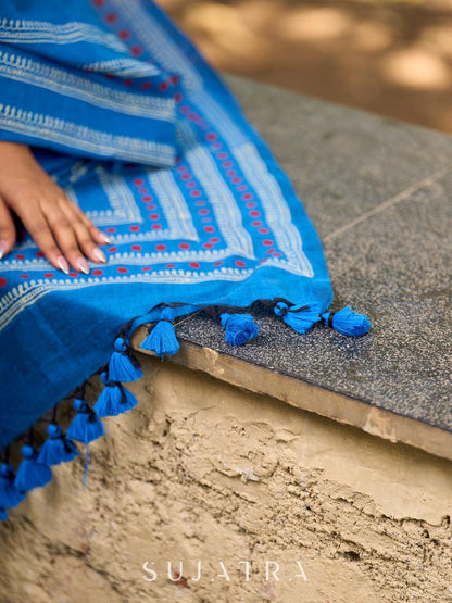 Classic Blue Cotton Saree with Traditional Hand Block Printed Border