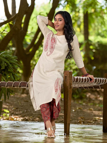 Classic Ivory Cotton Kurta with Traditional Paisley Hand Block Motifs