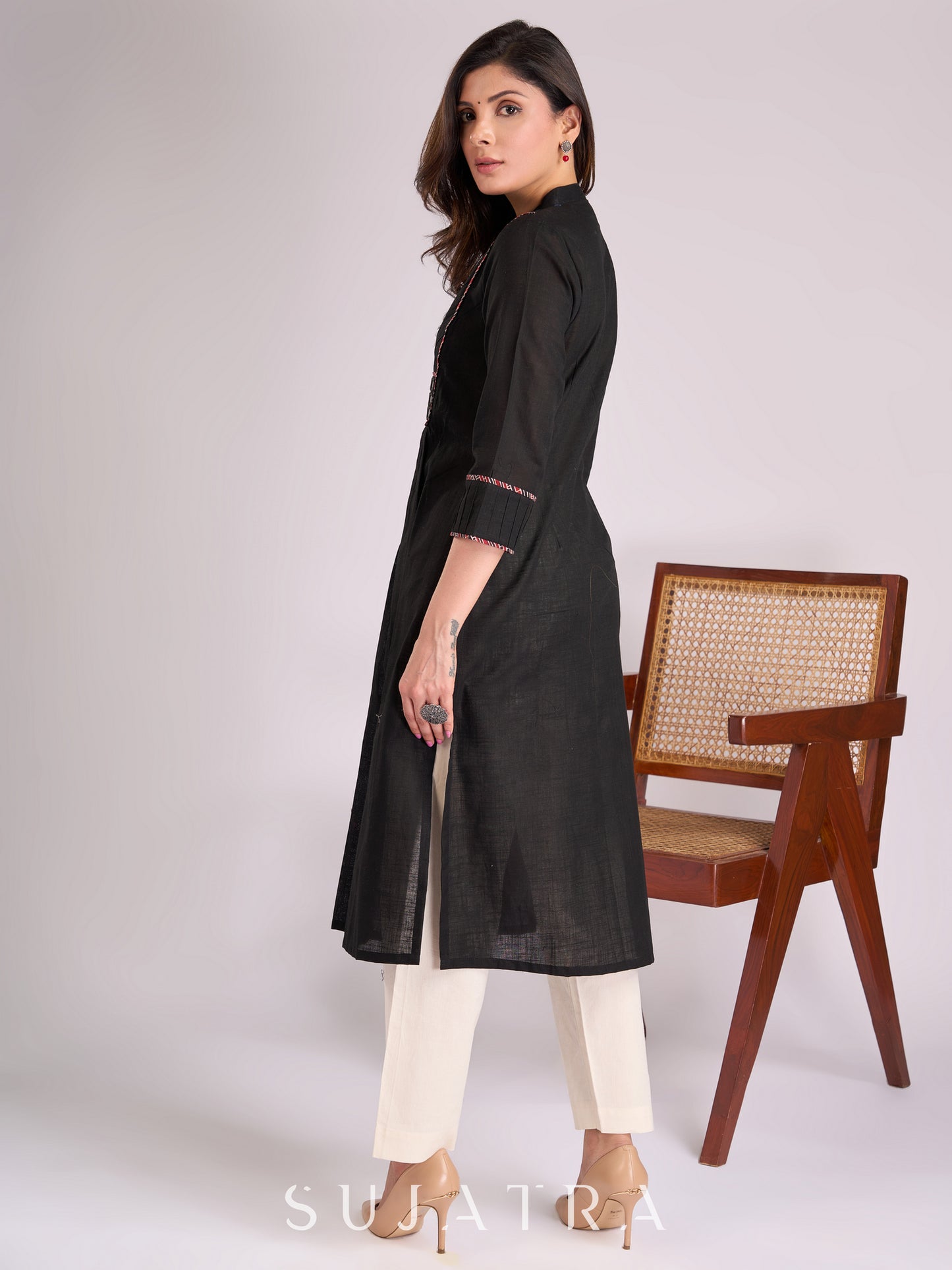 Elegant Black Cotton Gathered Kurta with Mirror Embellishments, Pleats & Ajrakh Piping on Yoke